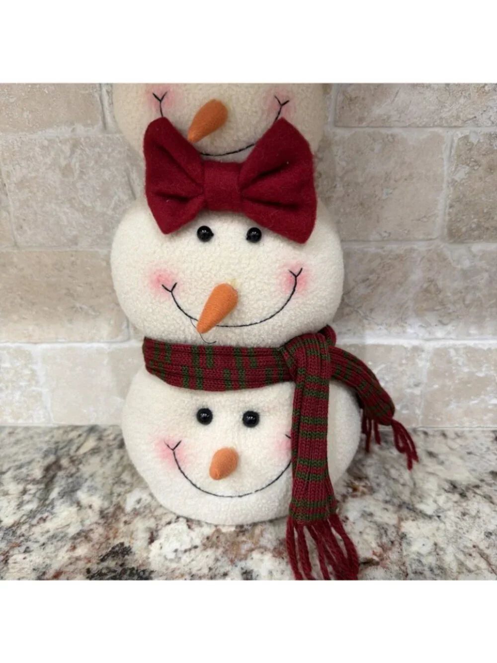 2010 Plush Stacked Snowman Carrot Nose & Weight Bottom 16” Tall Red & Green